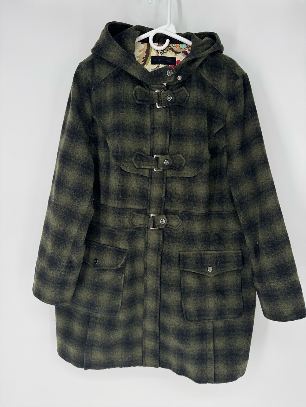 Steve Madden Olive Plaid Hooded Toggle Peacoat